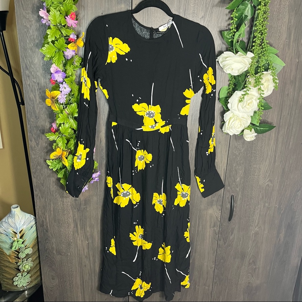 NWT NA-KD Floral Printed Yellow & Black Long Sleeve Dress Size Small/ 34